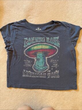 Hollister Girls' Navy Graphic Tee with Multicolor Mushroom Print Size L